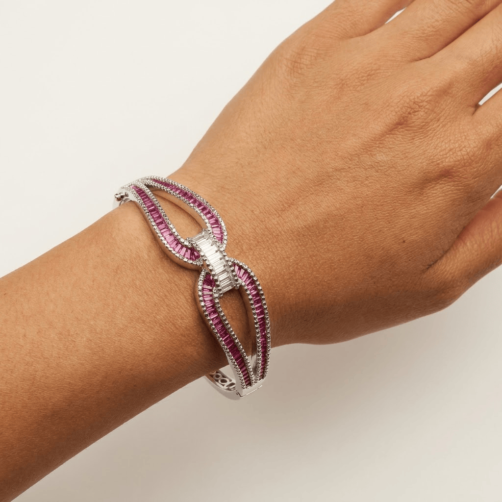 Mataari Bracelets Silver Plated Baguette Cubic Zirconia Kada Bracelet with Amethyst & Sapphire Accents