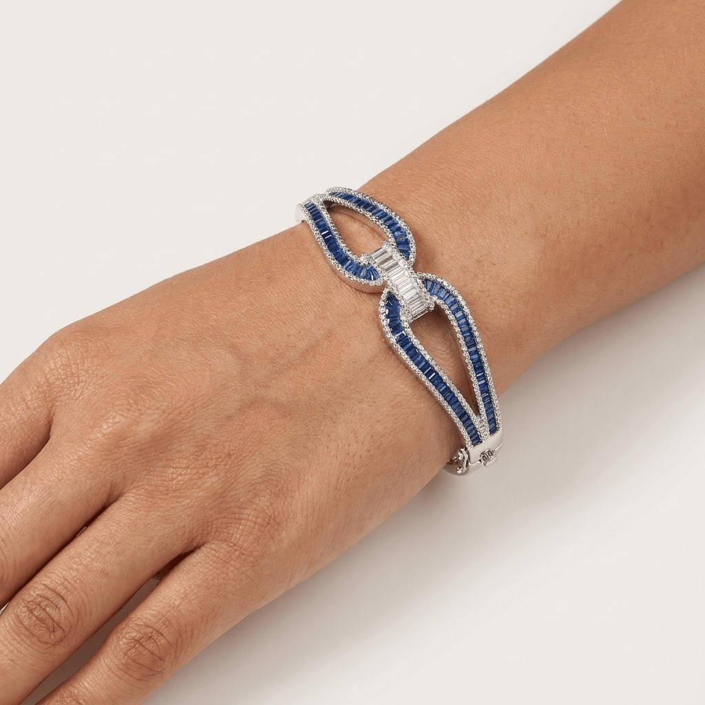 Mataari Bracelets Silver Plated Baguette Cubic Zirconia Kada Bracelet with Amethyst & Sapphire Accents