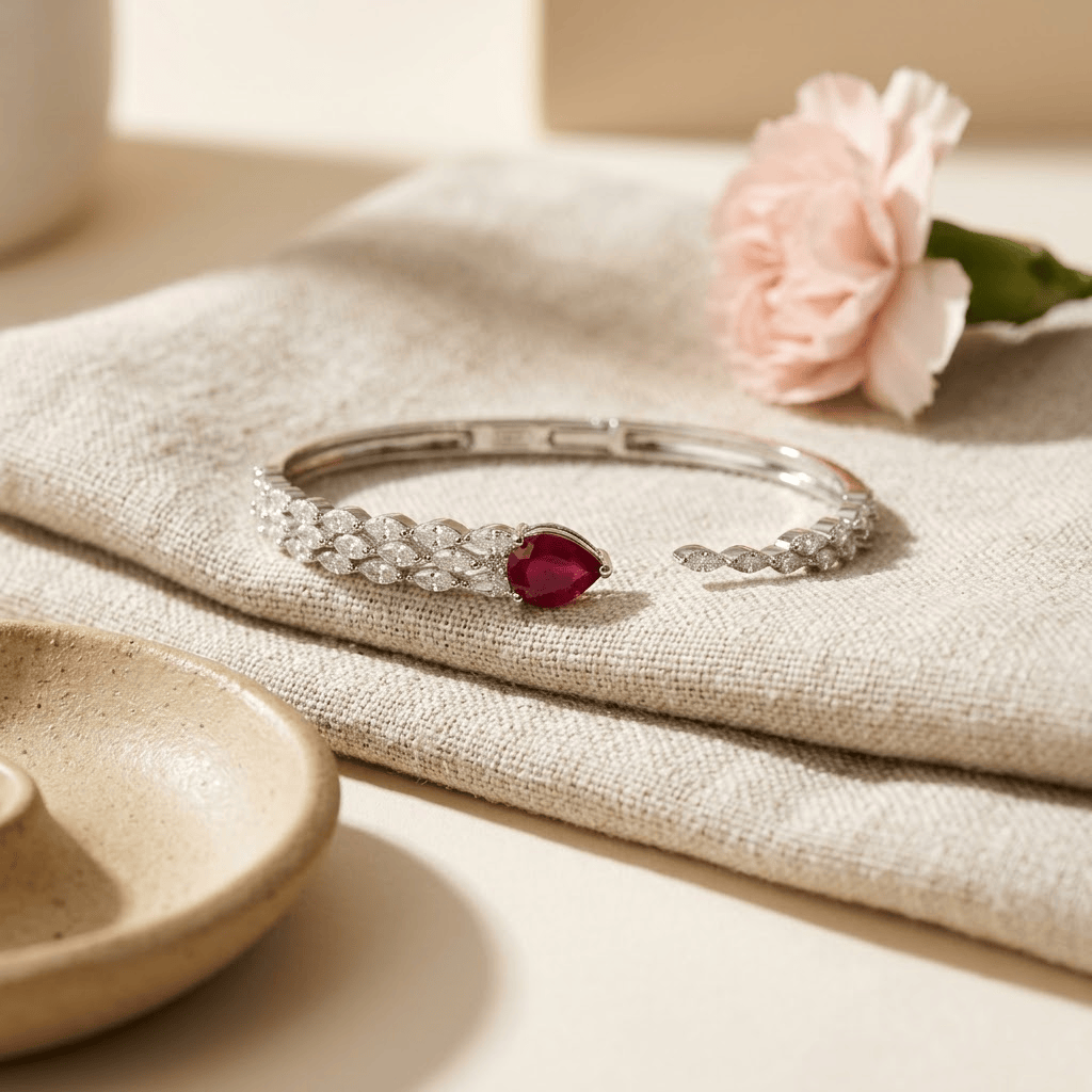 Mataari Bracelets Silver Plated Teardrop Cubic Zirconia Adjustable Minimalist Kada Bracelet