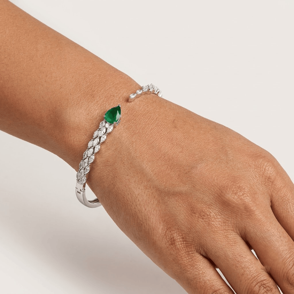 Mataari Bracelets Silver Plated Teardrop Cubic Zirconia Adjustable Minimalist Kada Bracelet