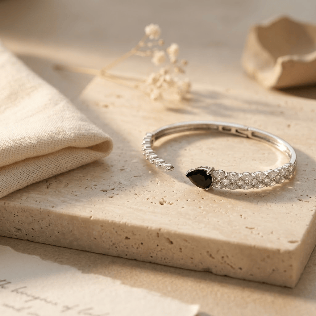 Mataari Bracelets Silver Plated Teardrop Cubic Zirconia Adjustable Minimalist Kada Bracelet