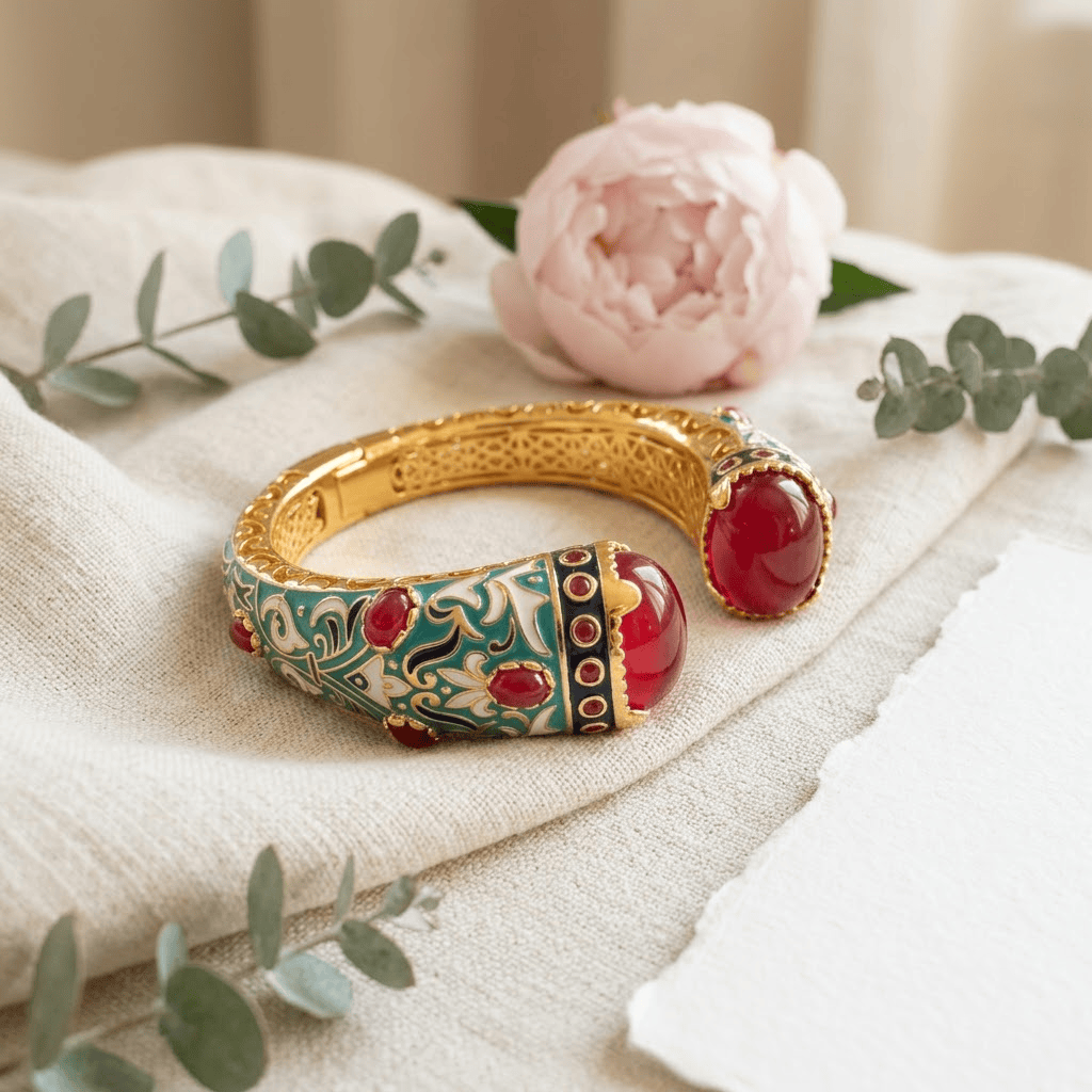 Mataari Bracelets Turquoise Enamel Antique Gold Openable Ruby Kada Bracelet