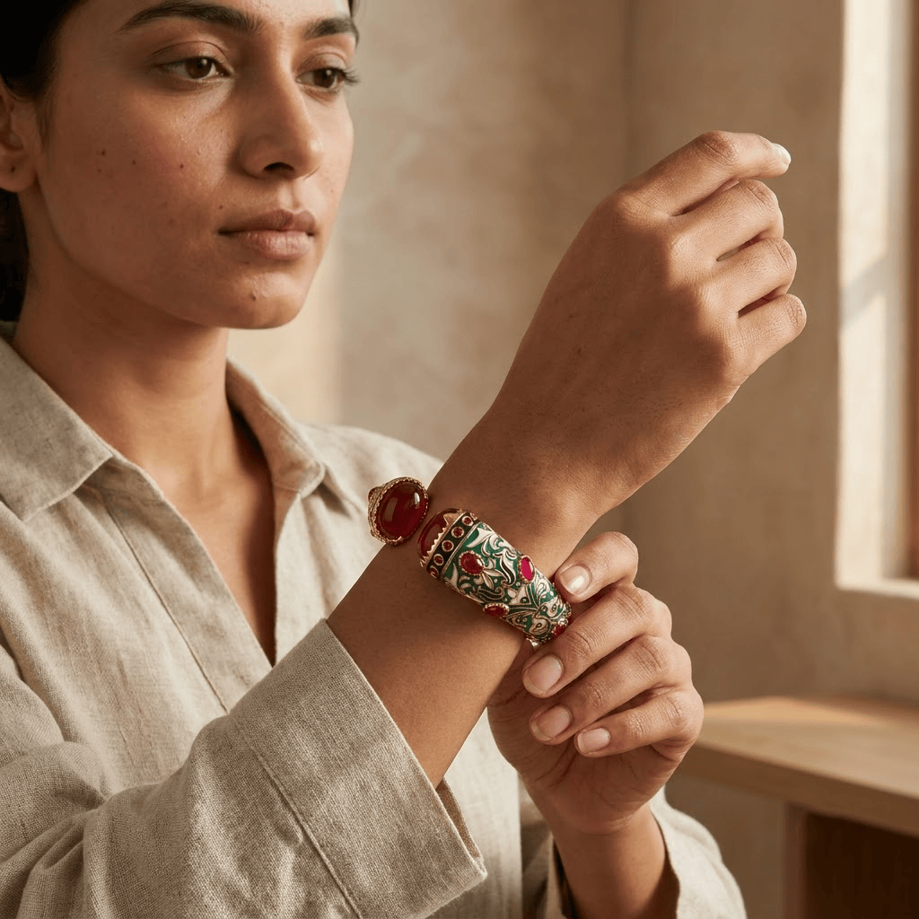 Mataari Bracelets Turquoise Enamel Antique Gold Openable Ruby Kada Bracelet