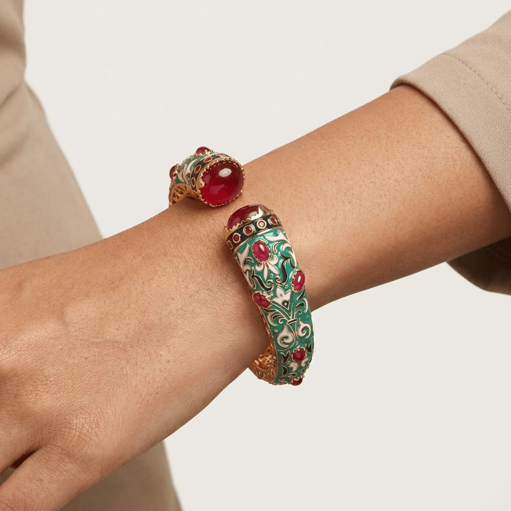 Mataari Bracelets Turquoise Enamel Antique Gold Openable Ruby Kada Bracelet