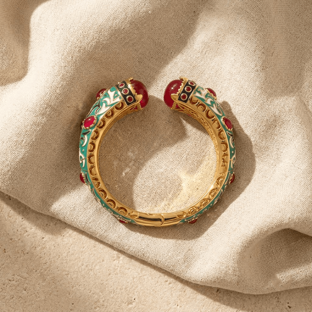 Mataari Bracelets Turquoise Enamel Antique Gold Openable Ruby Kada Bracelet