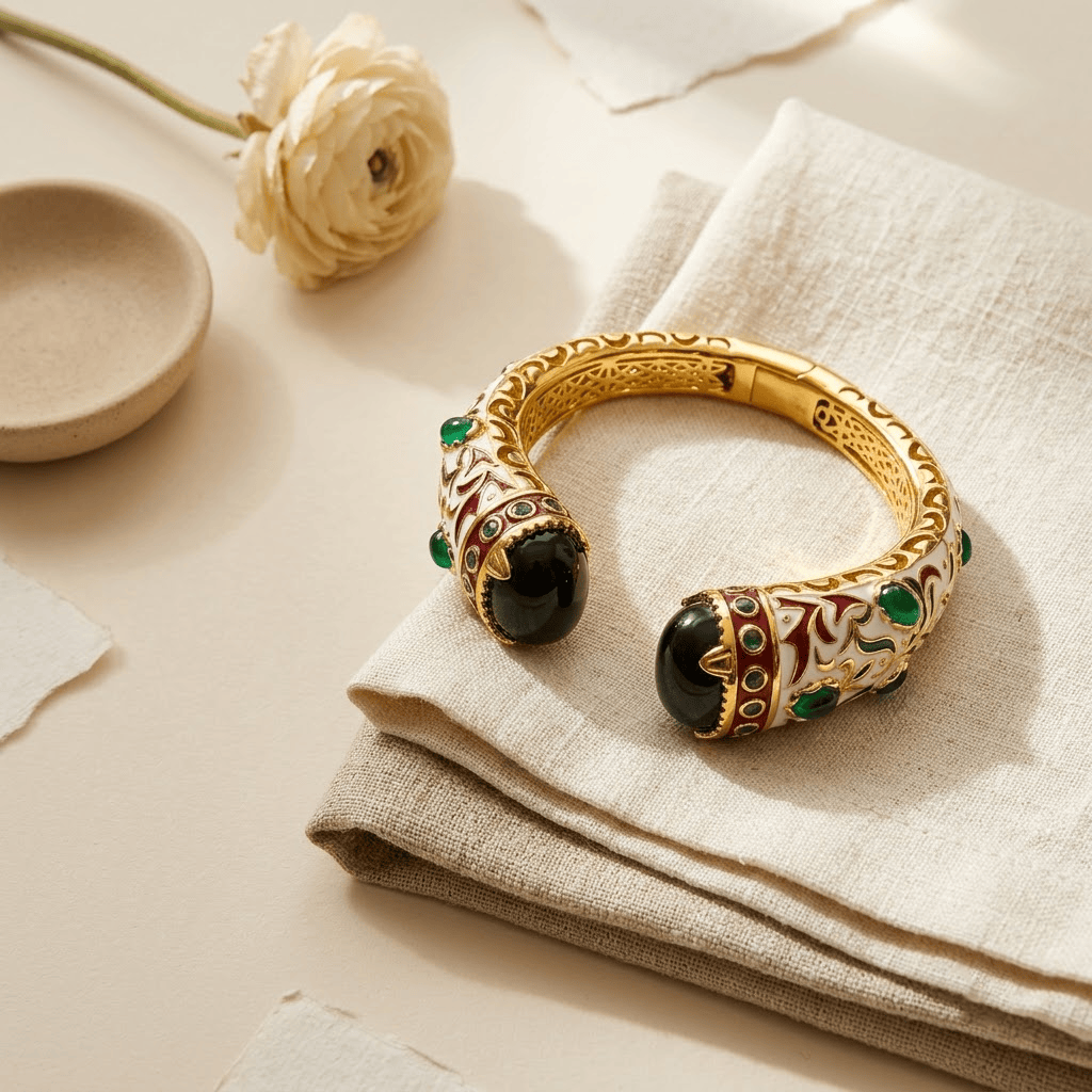 Mataari Bracelets White Enamel Antique Gold Emerald Openable Kada Bracelet