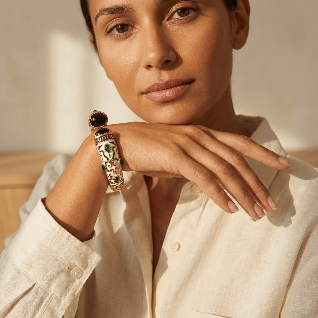 Mataari Bracelets White Enamel Antique Gold Emerald Openable Kada Bracelet