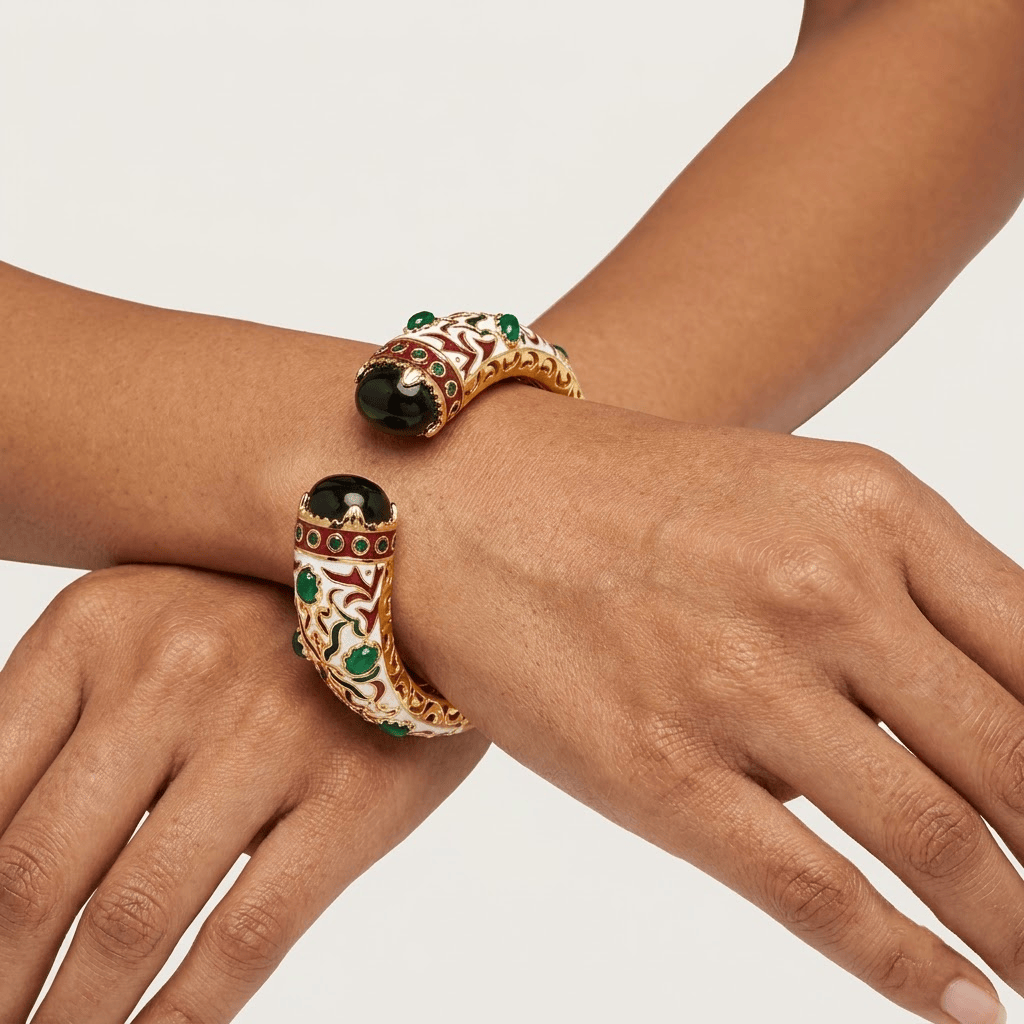 Mataari Bracelets White Enamel Antique Gold Emerald Openable Kada Bracelet