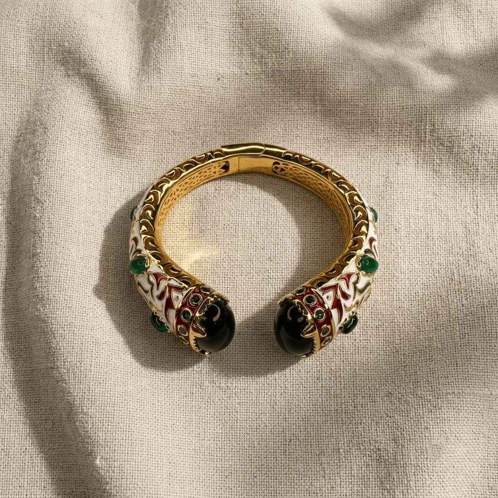 Mataari Bracelets White Enamel Antique Gold Emerald Openable Kada Bracelet