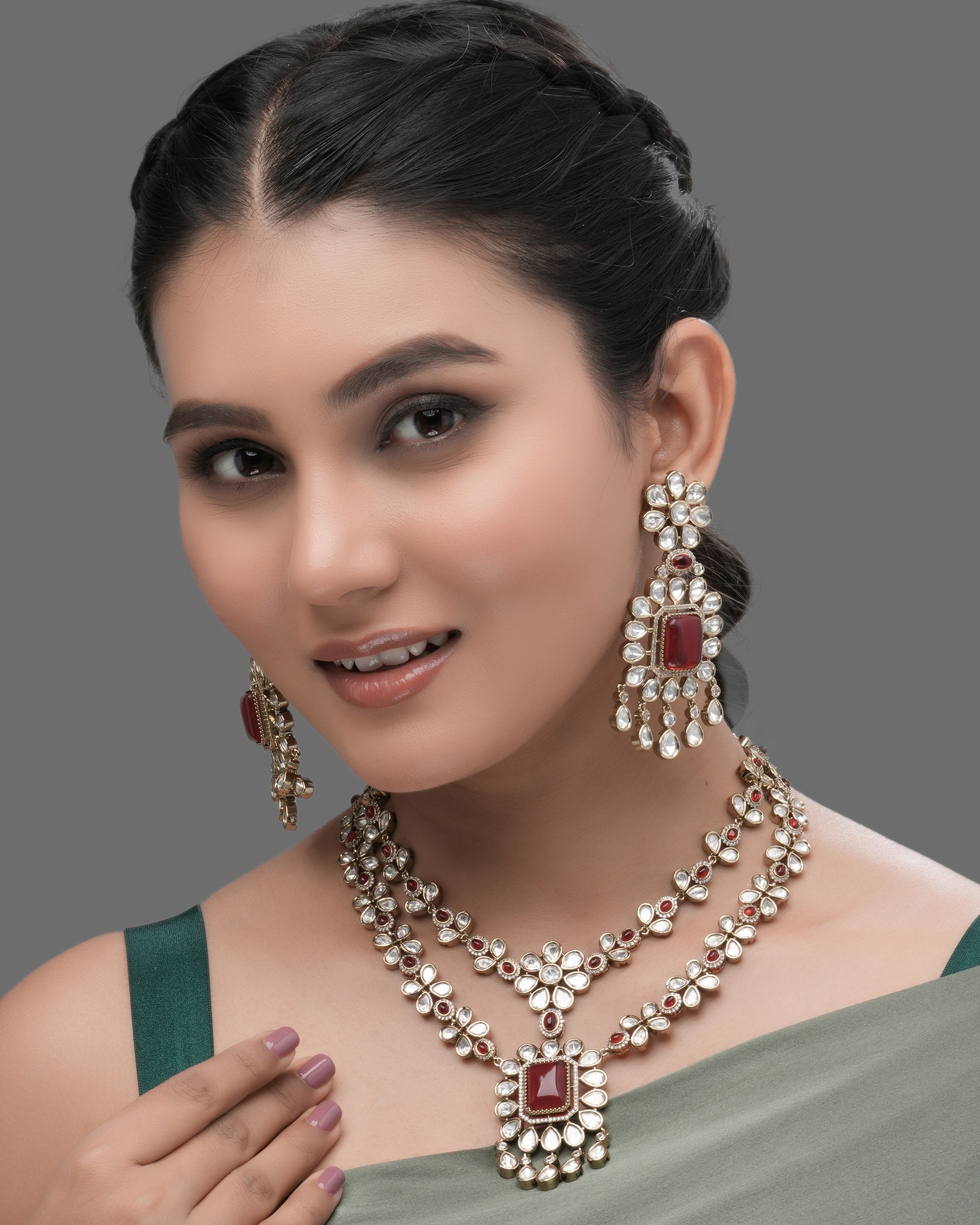 Mataari Charming Pink Mona Lisa  moissanite Pendant & Earring Set with Multicolor Beaded Tassel