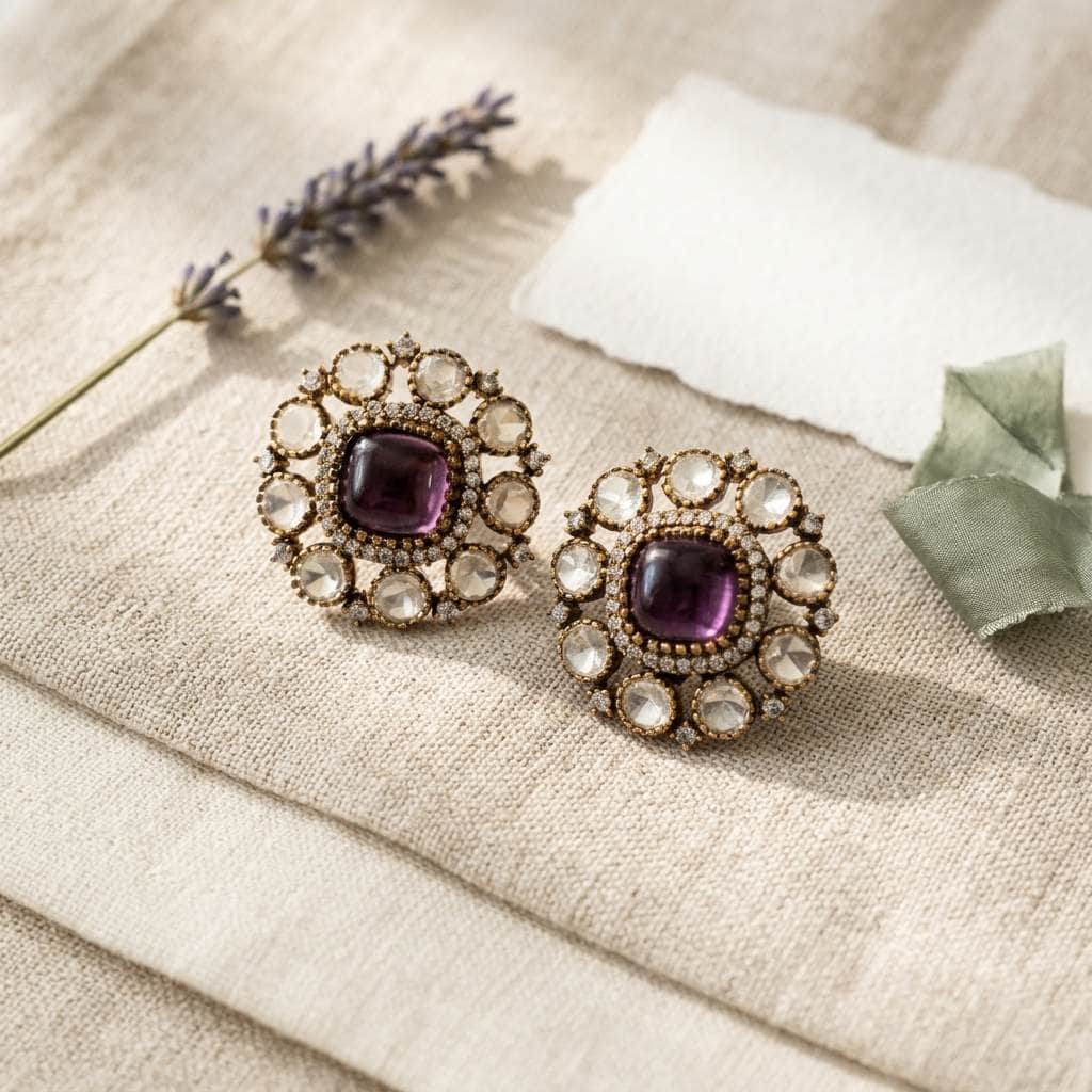 Mataari Earrings Antique Gold Flower Amethyst Polki Kundan Tiny Small Stud Earrings