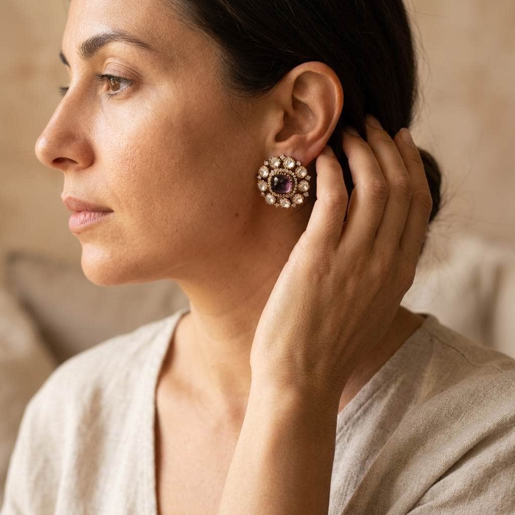 Mataari Earrings Antique Gold Flower Amethyst Polki Kundan Tiny Small Stud Earrings