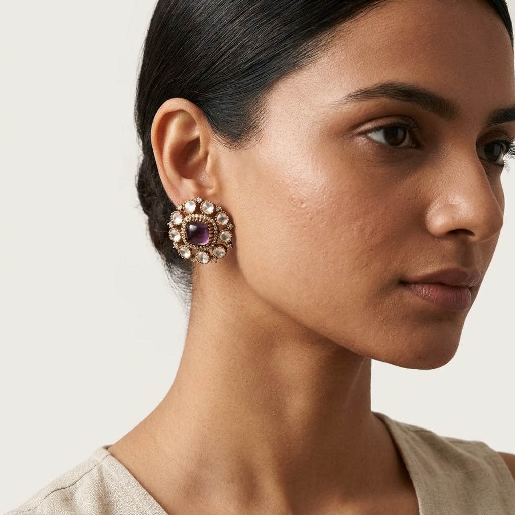 Mataari Earrings Antique Gold Flower Amethyst Polki Kundan Tiny Small Stud Earrings