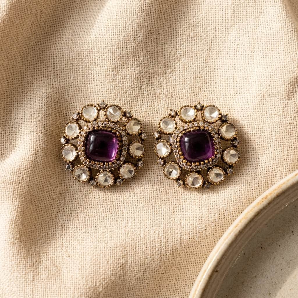 Mataari Earrings Antique Gold Flower Amethyst Polki Kundan Tiny Small Stud Earrings