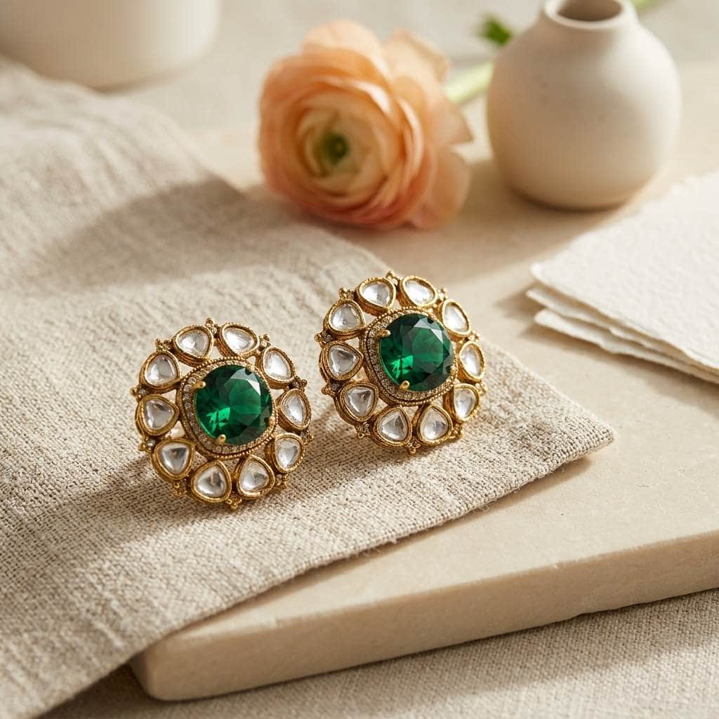 Mataari Earrings Antique Gold Flower Amethyst Polki Kundan Tiny Small Stud Earrings