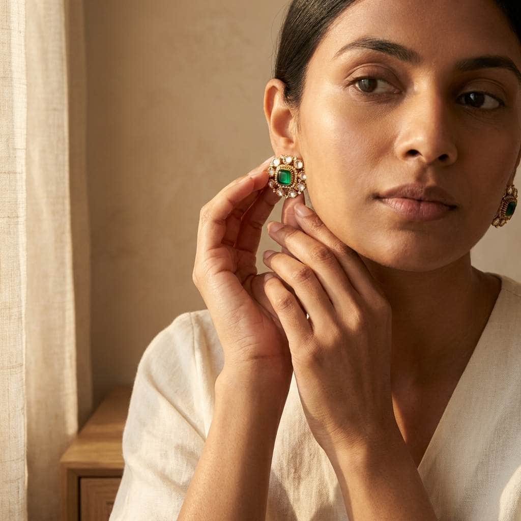 Mataari Earrings Antique Gold Flower Amethyst Polki Kundan Tiny Small Stud Earrings