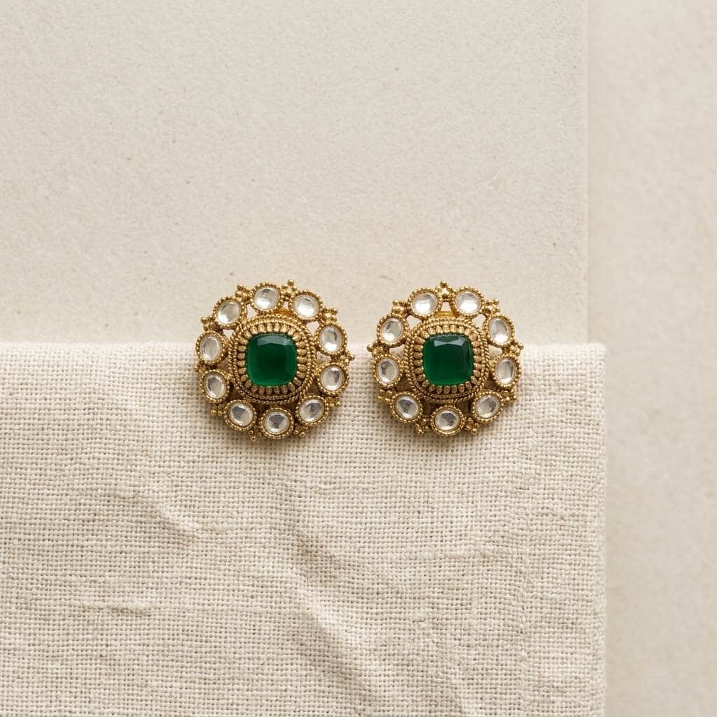 Mataari Earrings Antique Gold Flower Amethyst Polki Kundan Tiny Small Stud Earrings