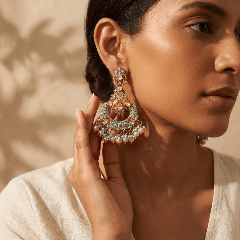 Mataari Earrings Antique Gold Plated Polki Kundan Chandbali Beaded Pearl Drop Earrings