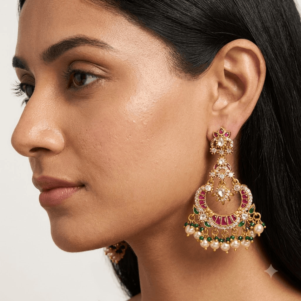 Mataari Earrings Antique Gold Plated Polki Kundan Chandbali Beaded Pearl Drop Earrings