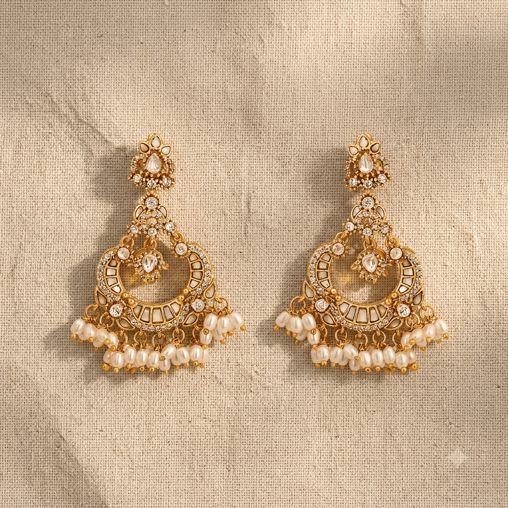 Mataari Earrings Antique Gold Plated Polki Kundan Chandbali Beaded Pearl Drop Earrings