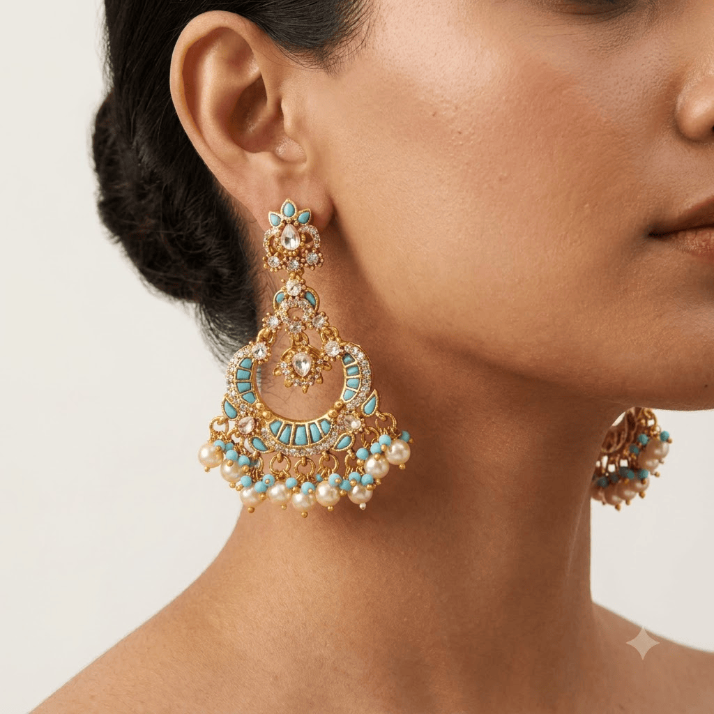 Mataari Earrings Antique Gold Plated Polki Kundan Chandbali Beaded Pearl Drop Earrings