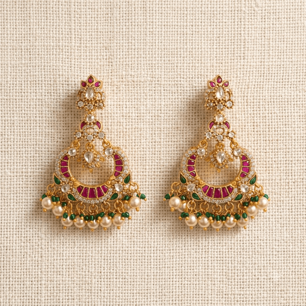 Mataari Earrings Antique Gold Plated Polki Kundan Chandbali Beaded Pearl Drop Earrings