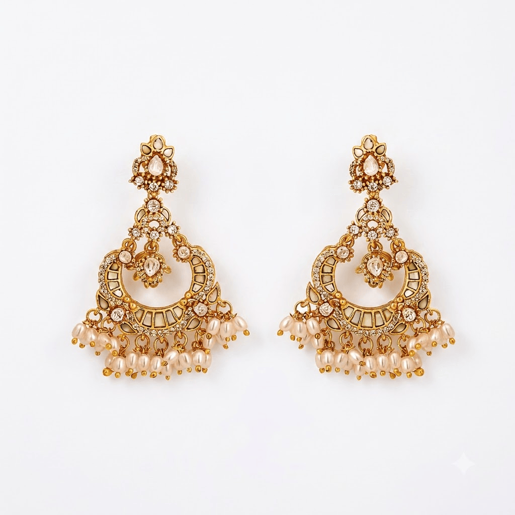 Mataari Earrings Antique Gold Plated Polki Kundan Chandbali Beaded Pearl Drop Earrings