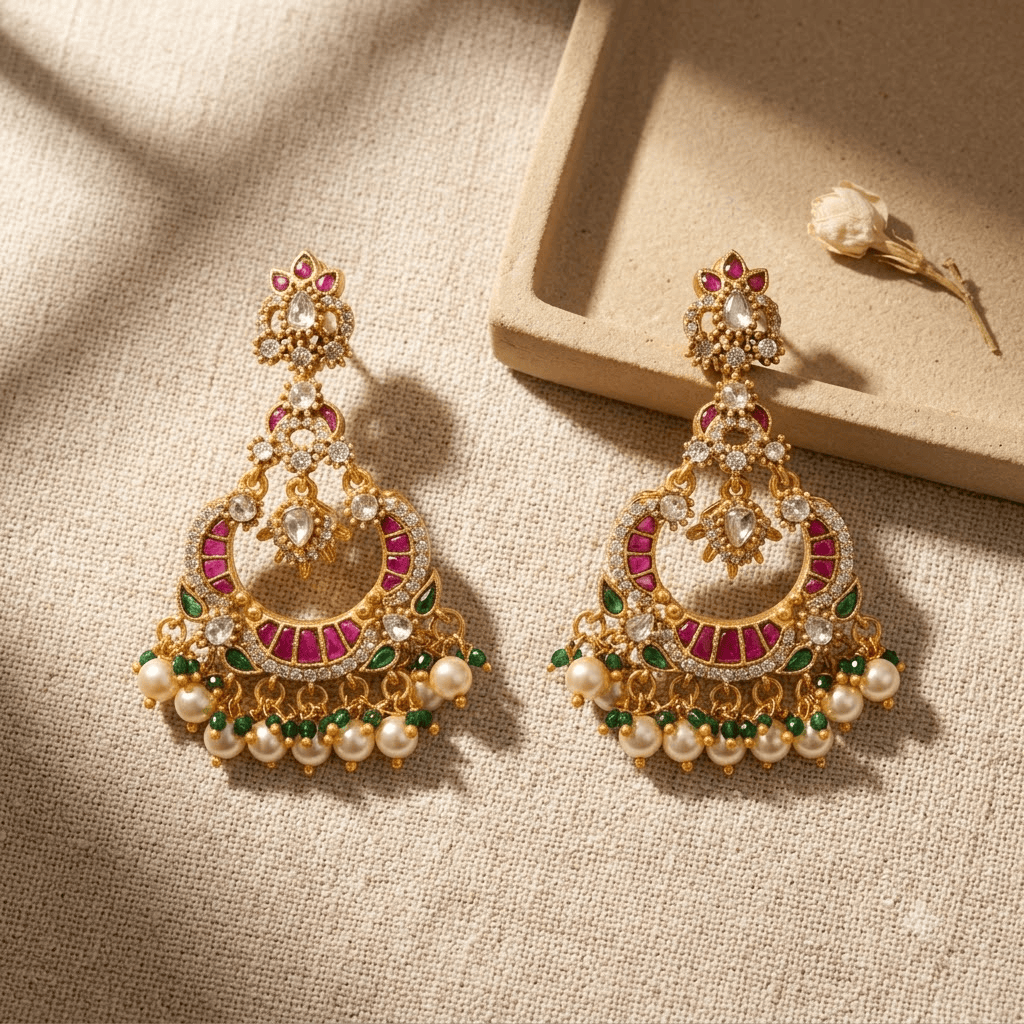 Mataari Earrings Antique Gold Plated Polki Kundan Chandbali Beaded Pearl Drop Earrings