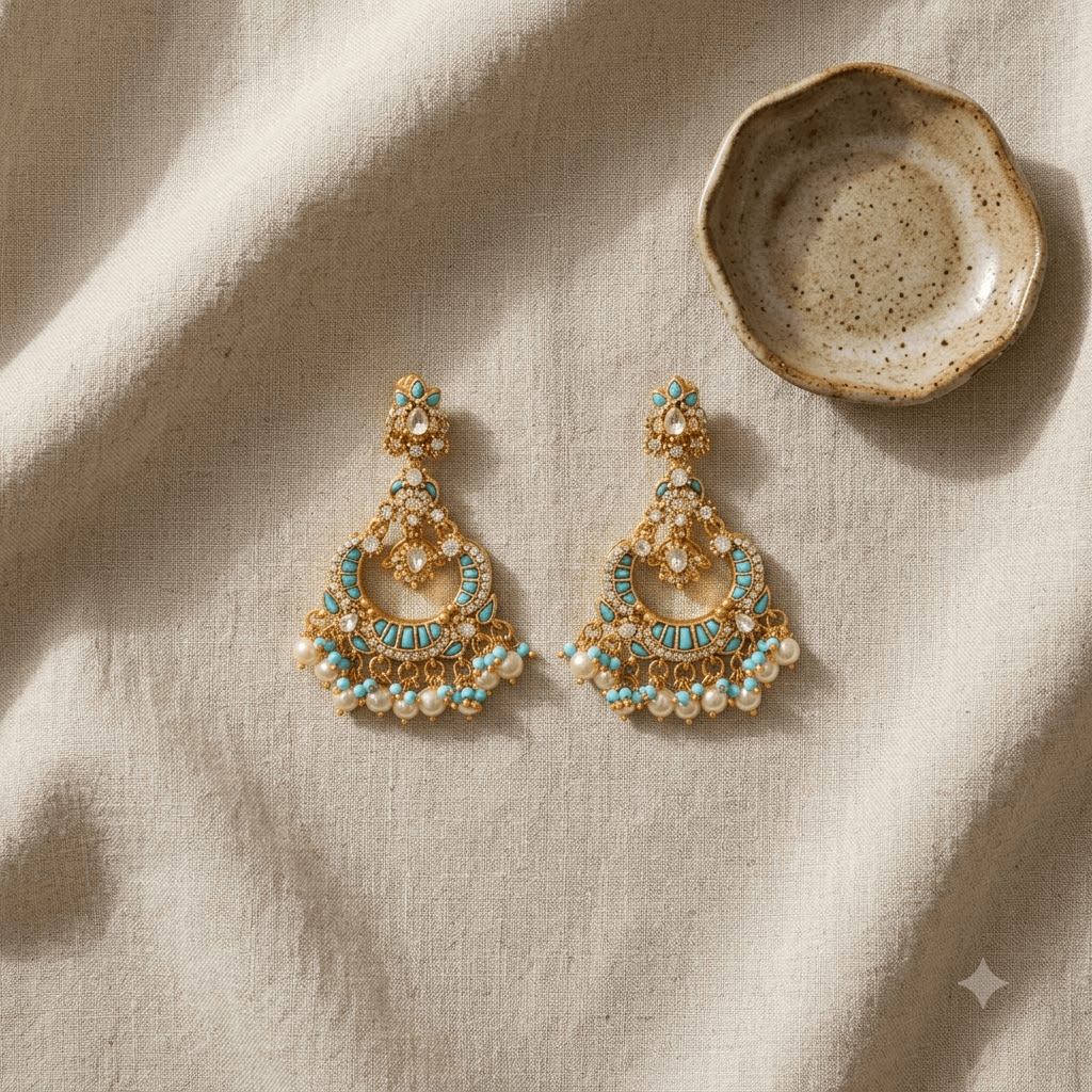 Mataari Earrings Antique Gold Plated Polki Kundan Chandbali Beaded Pearl Drop Earrings