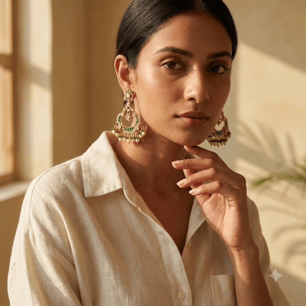 Mataari Earrings Antique Gold Plated Polki Kundan Chandbali Beaded Pearl Drop Earrings
