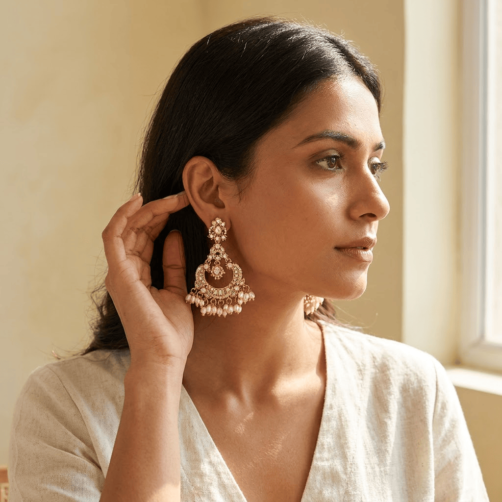 Mataari Earrings Antique Gold Plated Polki Kundan Chandbali Beaded Pearl Drop Earrings