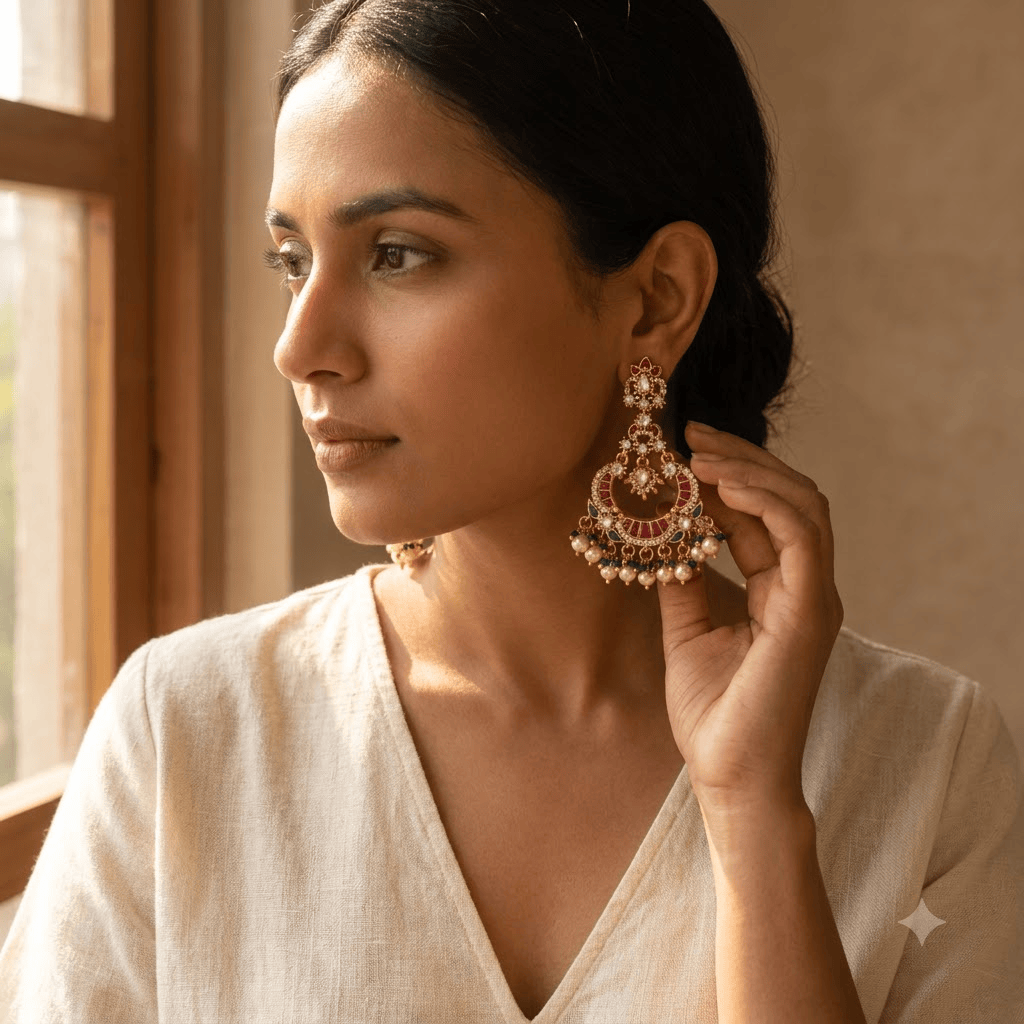 Mataari Earrings Antique Gold Plated Polki Kundan Chandbali Beaded Pearl Drop Earrings