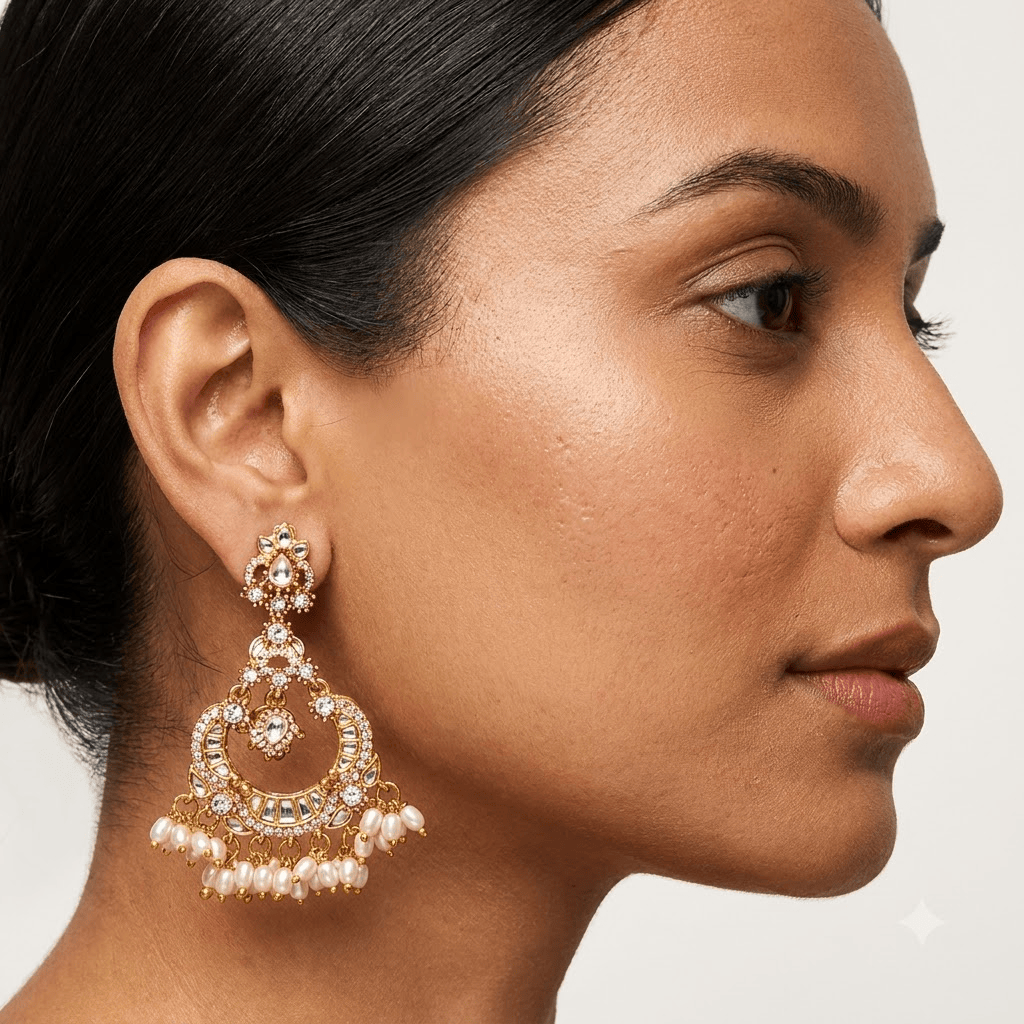 Mataari Earrings Antique Gold Plated Polki Kundan Chandbali Beaded Pearl Drop Earrings