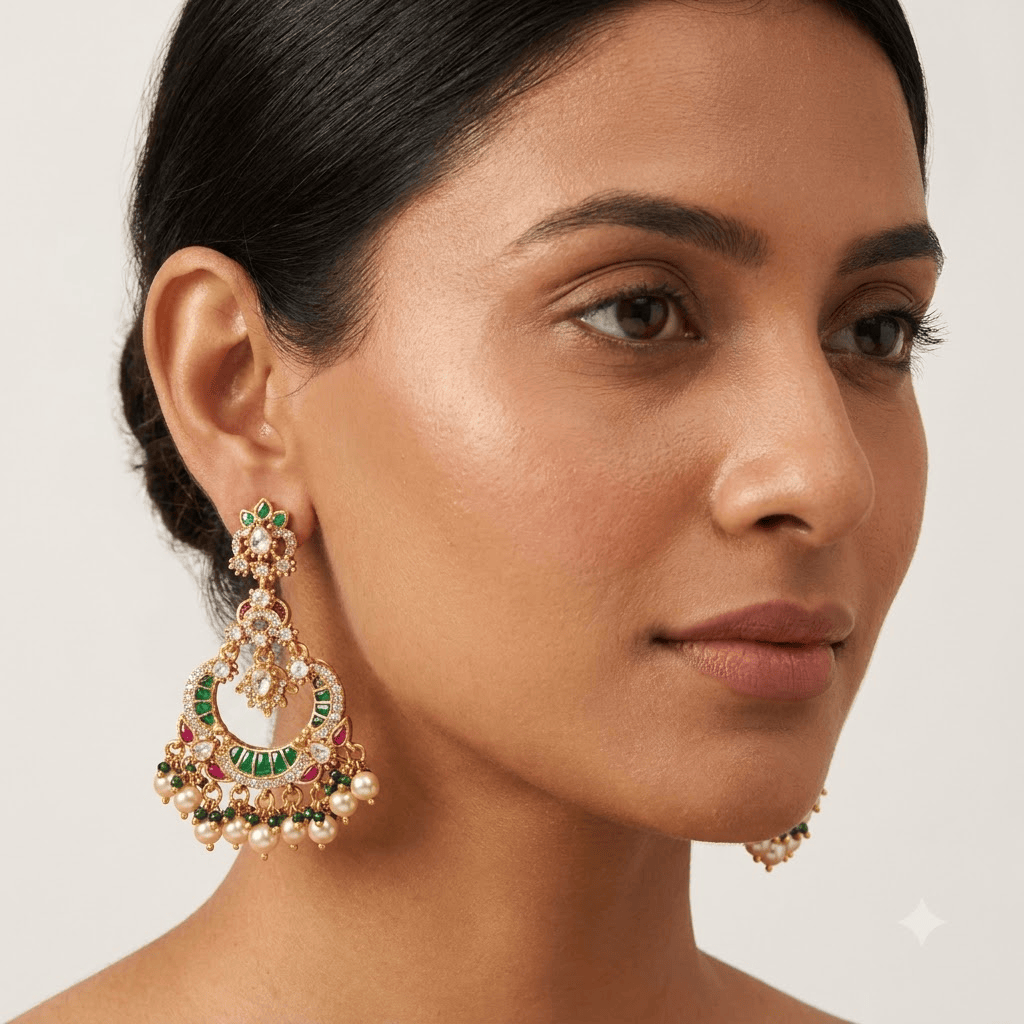 Mataari Earrings Antique Gold Plated Polki Kundan Chandbali Beaded Pearl Drop Earrings