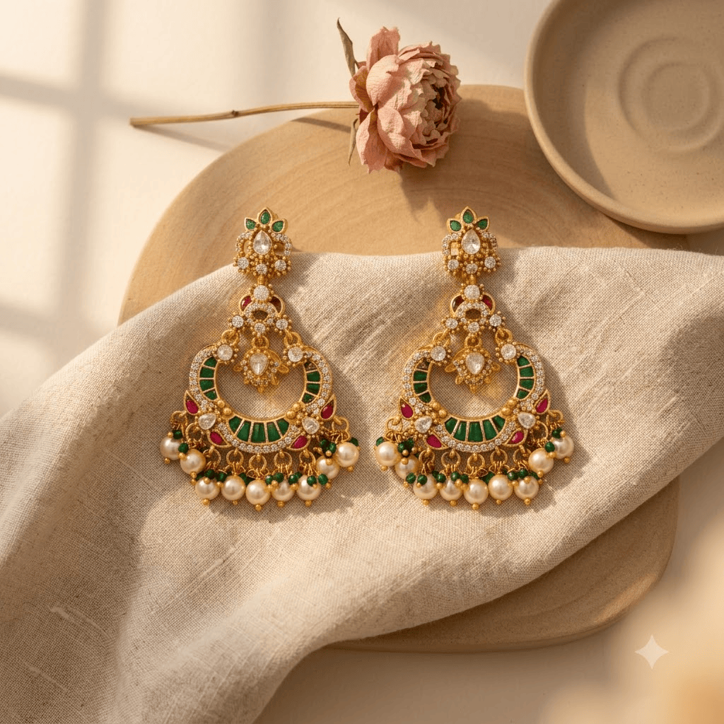 Mataari Earrings Antique Gold Plated Polki Kundan Chandbali Beaded Pearl Drop Earrings