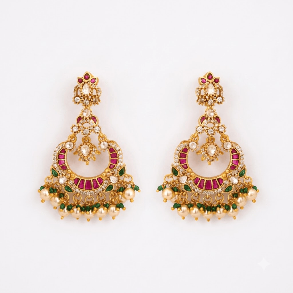 Mataari Earrings Antique Gold Plated Polki Kundan Chandbali Beaded Pearl Drop Earrings
