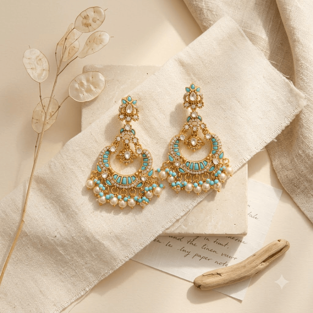 Mataari Earrings Antique Gold Plated Polki Kundan Chandbali Beaded Pearl Drop Earrings