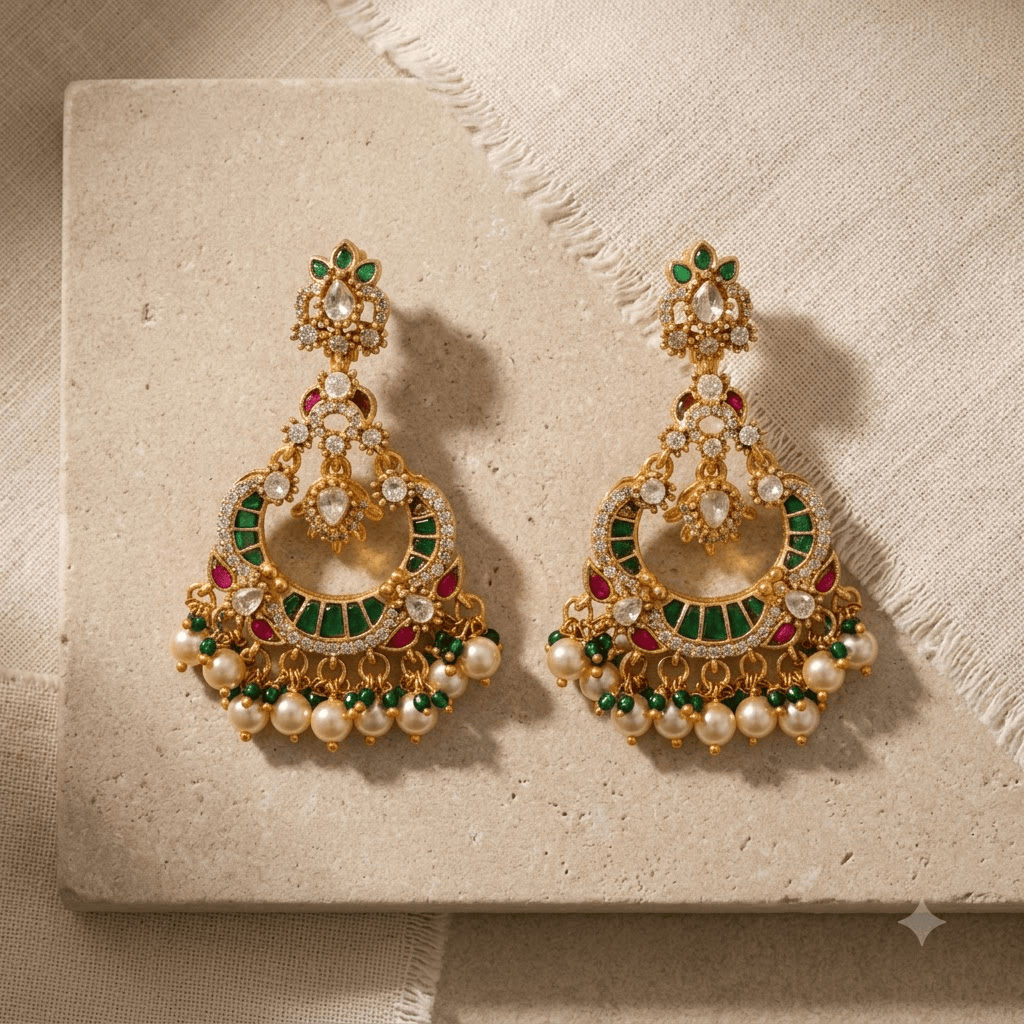 Mataari Earrings Antique Gold Plated Polki Kundan Chandbali Beaded Pearl Drop Earrings