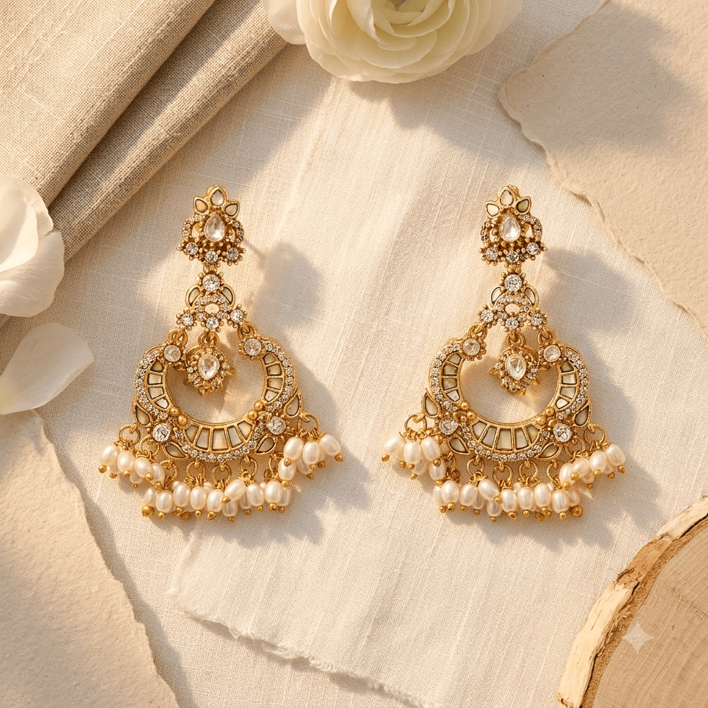 Mataari Earrings Antique Gold Plated Polki Kundan Chandbali Beaded Pearl Drop Earrings