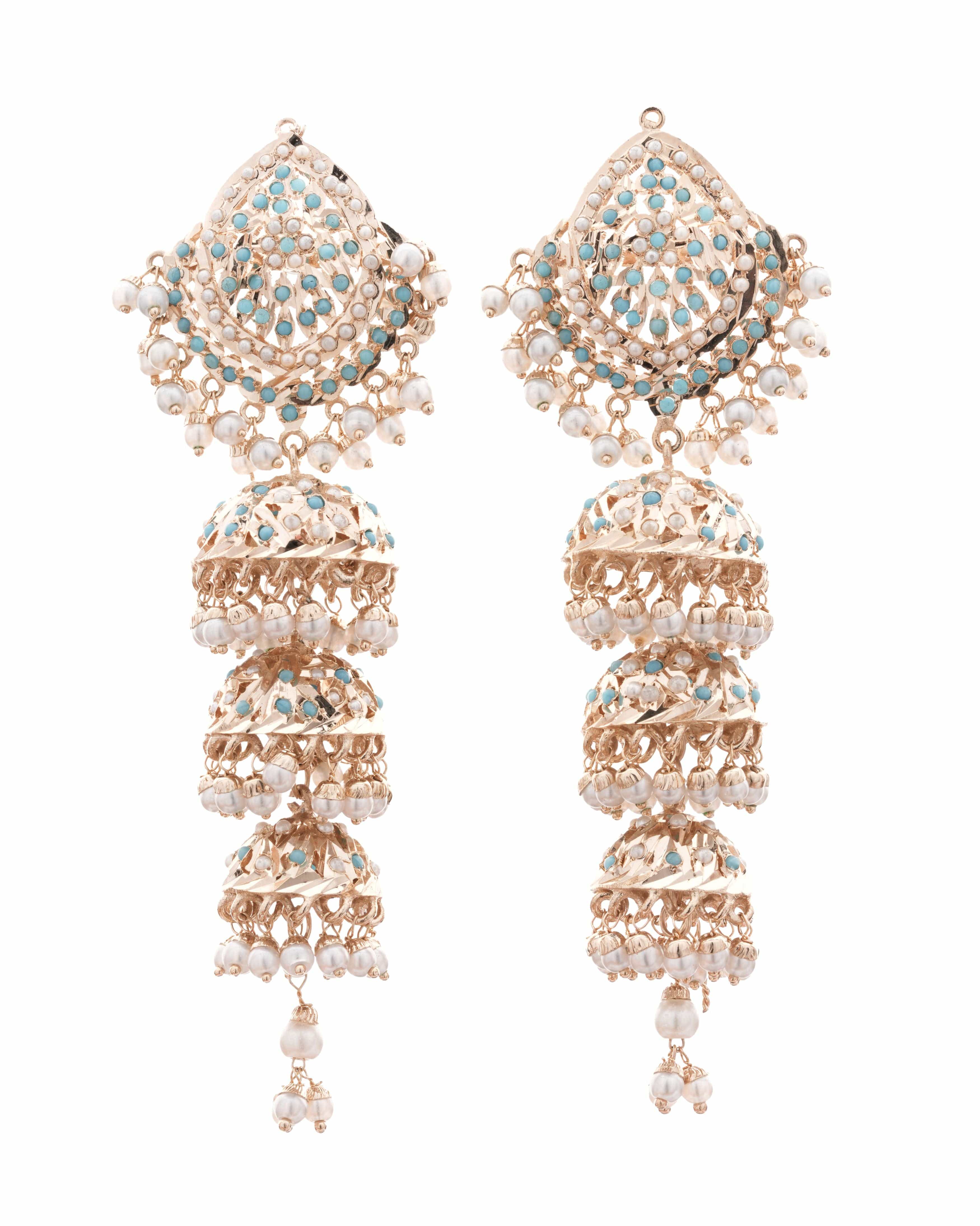Mataari Earrings Azure Elegance Turquoise ( Firoza)  Handmade Jhumkas with Pearl Detailing