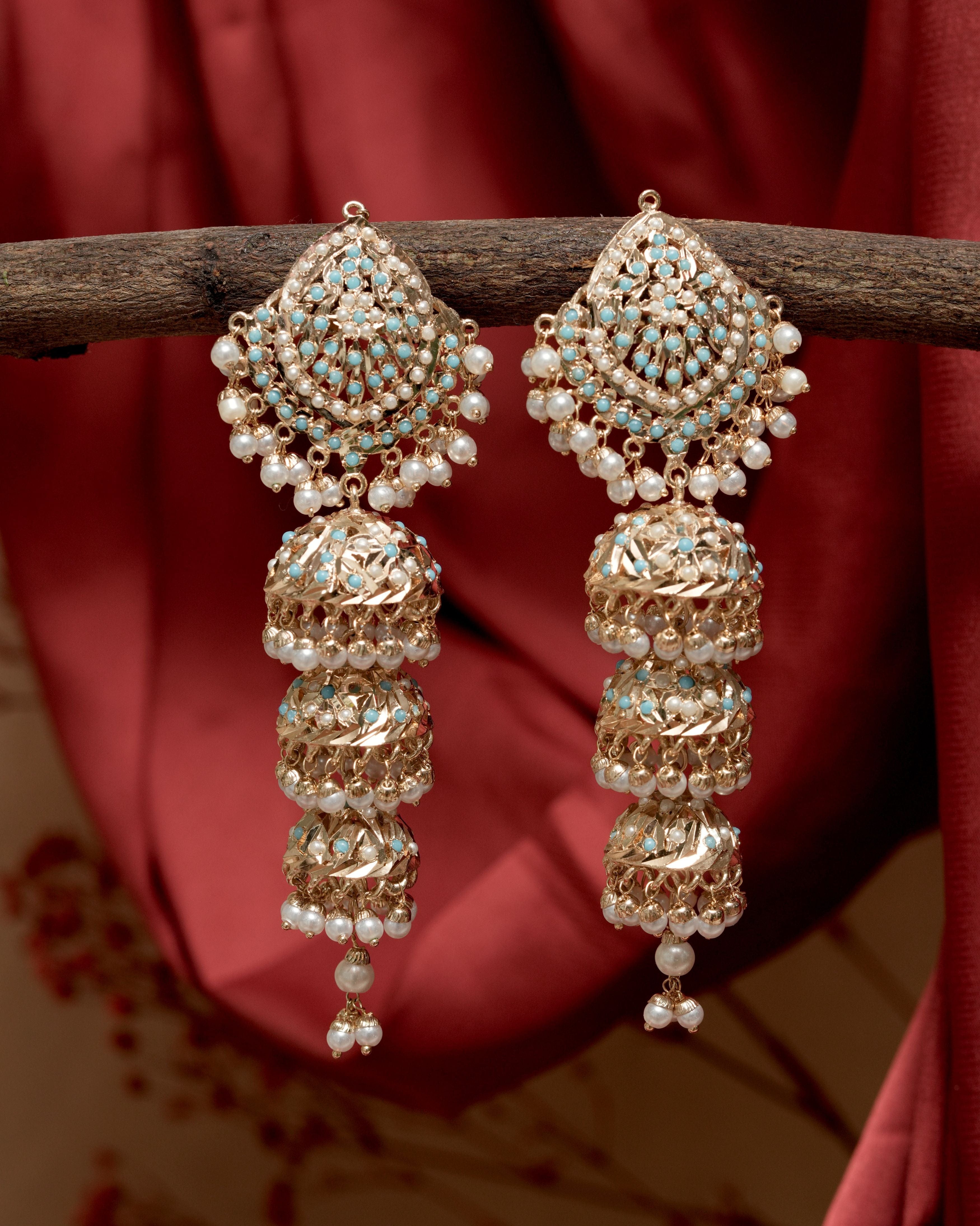 Mataari Earrings Azure Elegance Turquoise ( Firoza)  Handmade Jhumkas with Pearl Detailing