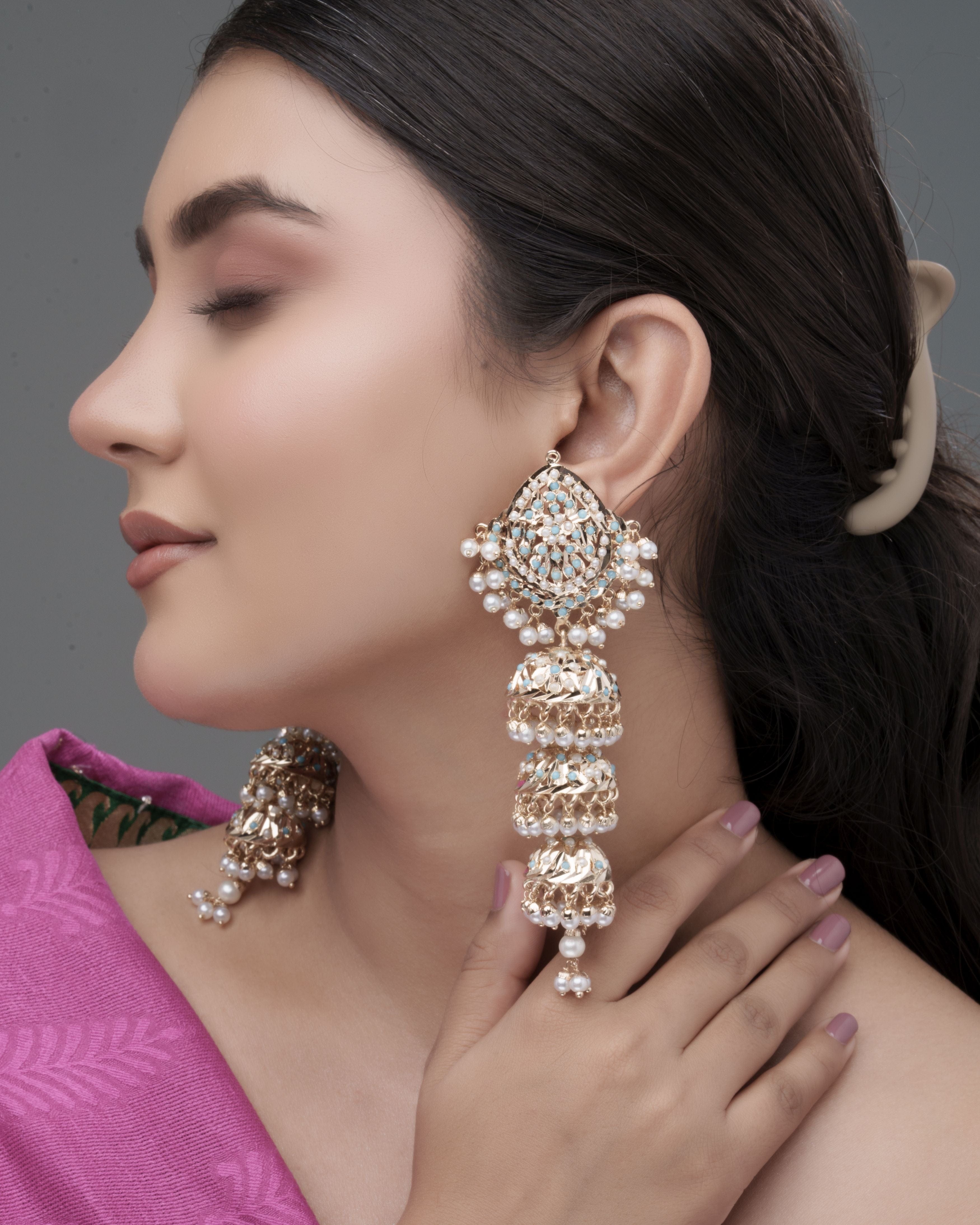 Mataari Earrings Azure Elegance Turquoise ( Firoza)  Handmade Jhumkas with Pearl Detailing