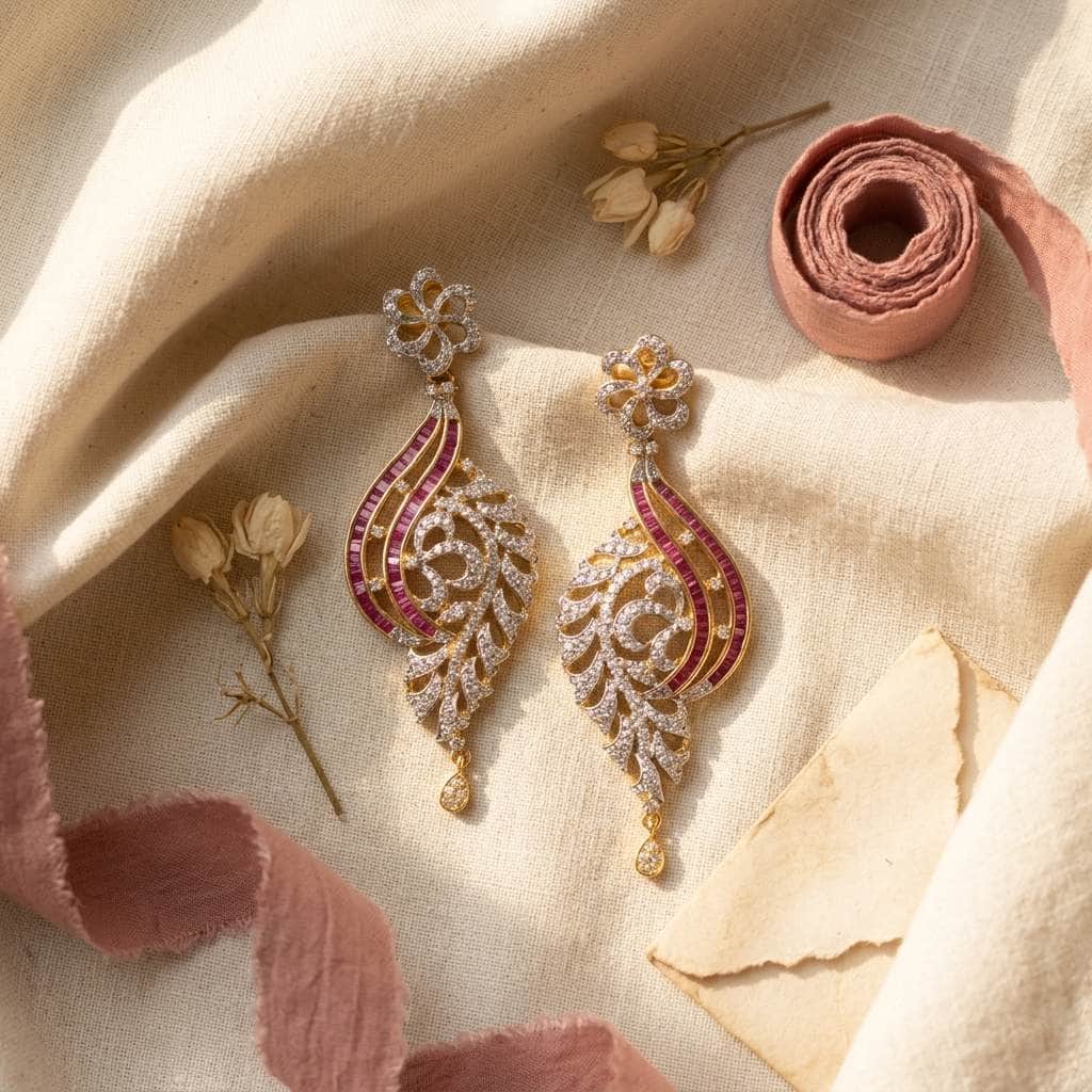 Mataari Earrings Baguette Ruby Gold Crystal CZ Flower Dangle Bridal Earrings