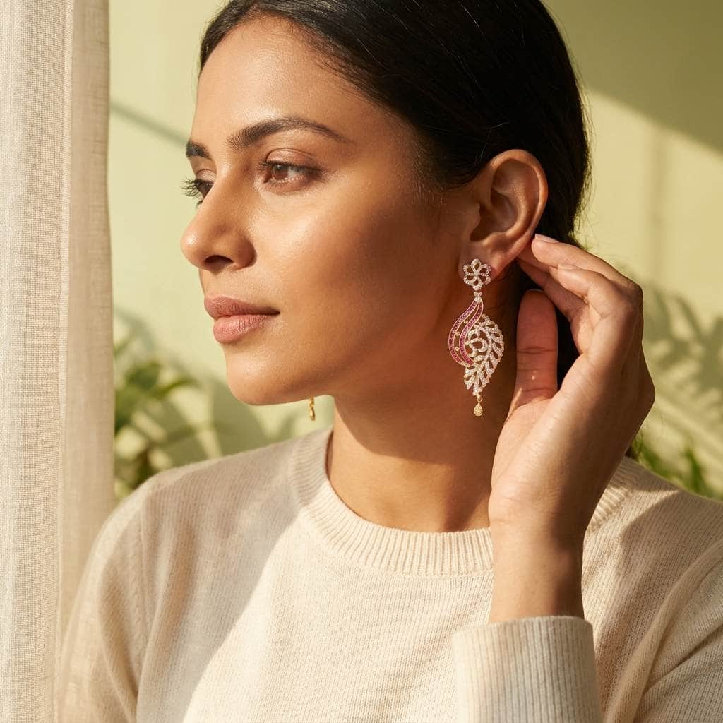 Mataari Earrings Baguette Ruby Gold Crystal CZ Flower Dangle Bridal Earrings