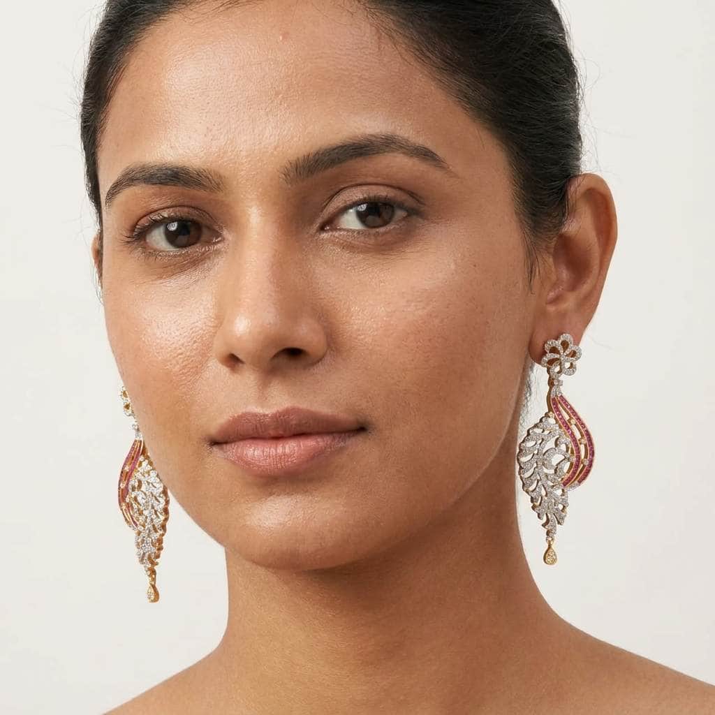 Mataari Earrings Baguette Ruby Gold Crystal CZ Flower Dangle Bridal Earrings