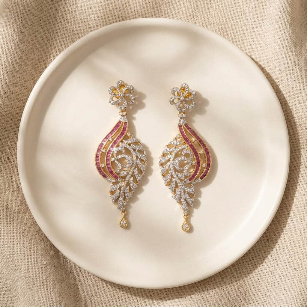 Mataari Earrings Baguette Ruby Gold Crystal CZ Flower Dangle Bridal Earrings