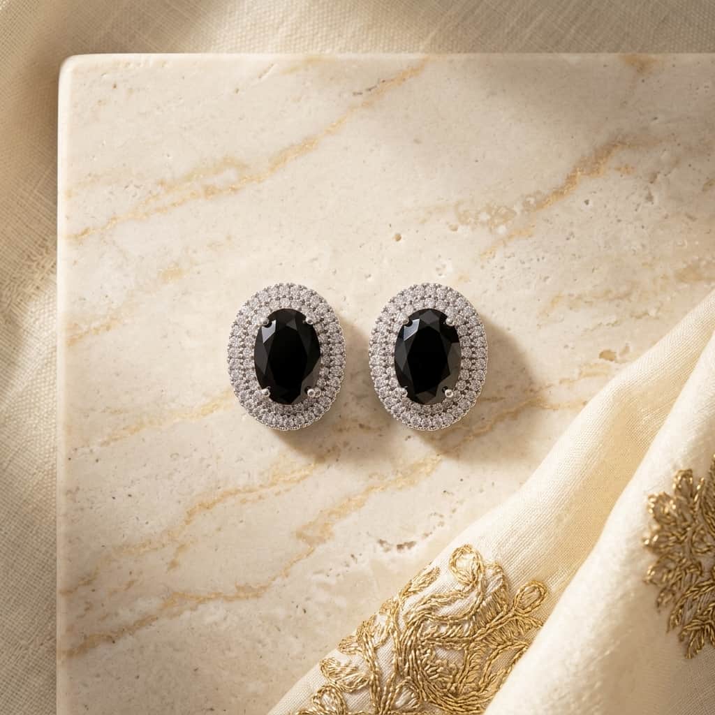 Mataari Earrings Silver Plated Crystal Moissanite Oval Stud Earrings with Black Sapphire, Ruby & Emerald Stones