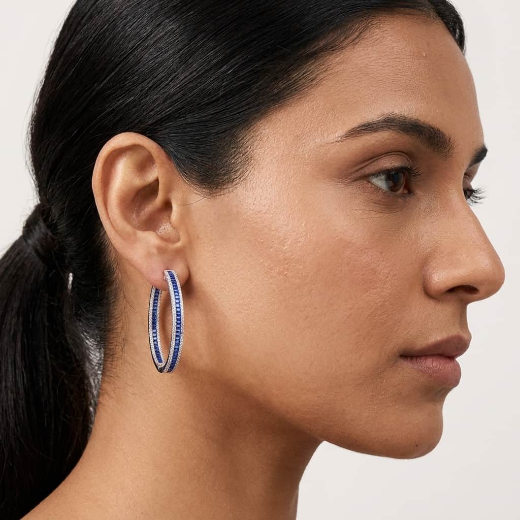 Mataari Earrings Gold & Silver Crystal Moissanite Round Hoop Bali Earrings with Ruby, Emerald & Blue Sapphire Accents