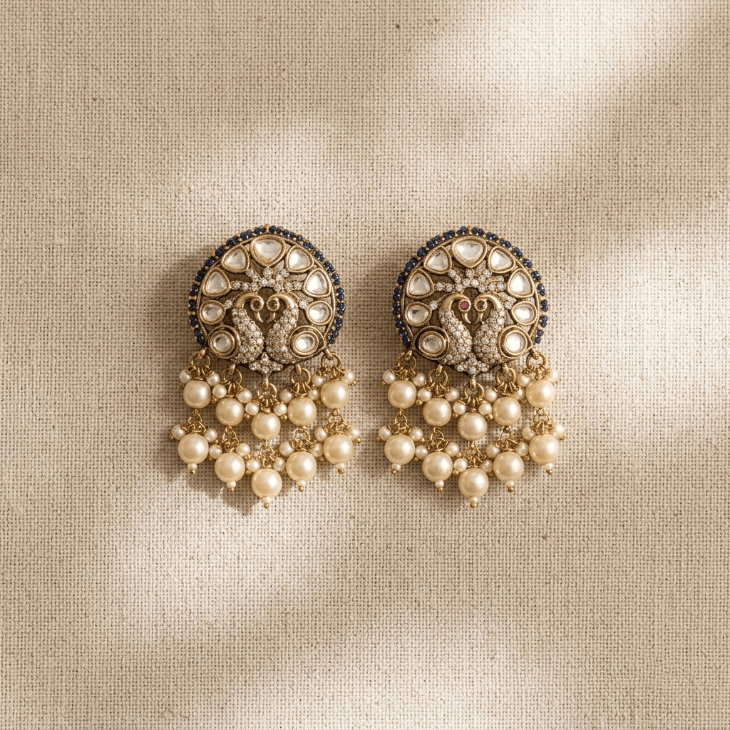 Mataari Earrings Peacock Kundan Antique Gold Polki Pearl Drop Emerald Stud Earrings