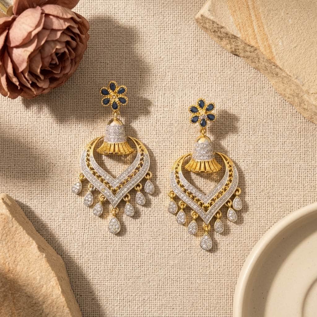Mataari Earrings Blue Sapphire Flower Gold Crystal CZ Jhumka Chandbali Bridal Earrings